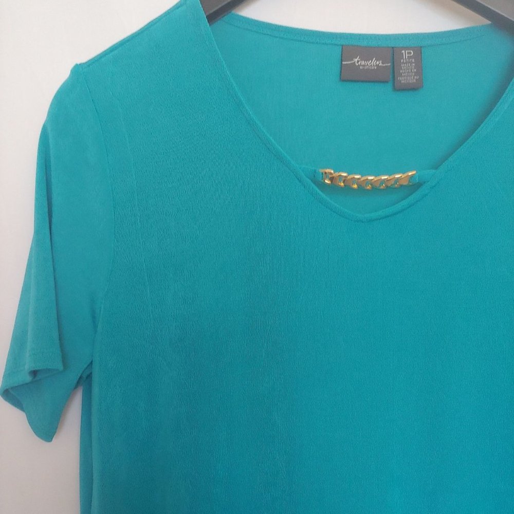 Chicos teal short sleeve a-symmetrical slinky knit top with chain size 1P - Picture 3 of 11